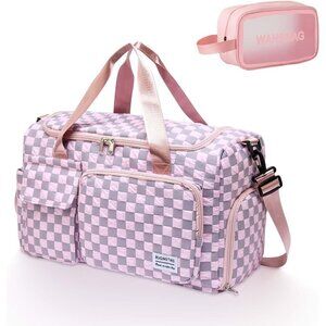 Women Pink Checkered Small Gym Carry On Weekender Travel Shoe Compartment Bag